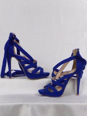 SHOEDAZZLE size 7 royal-blue faux-suede ultra-high-heel leg-wrap party sandals